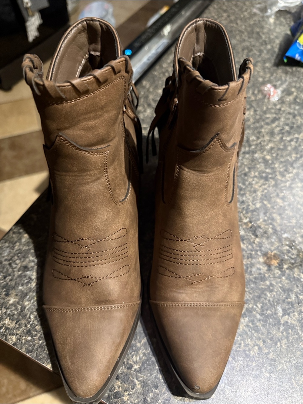 Women's Tan Leather Western-Style Ankle Boots with Stitch Detail